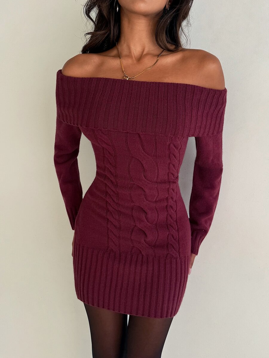 Aloruh Gaun Rajut Wanita Elegan Warna Polos Tanpa Bahu, Musim Gugur/Dingin - Burgundy - View 1