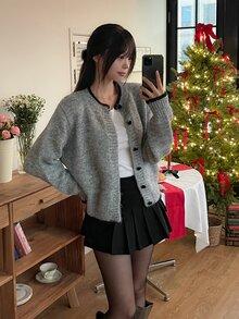 DAZY 女款拼色長袖秋冬韓風開襟羊毛衫 - 灰色 - 查看 9