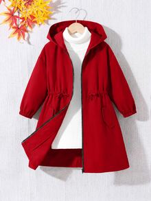 SHEIN 女童少女休閒字母裝飾寬鬆文字膠帶連帽口袋中長版派克外套 秋季夾克 - 紅色 - 查看 4