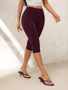 SHEIN PETITE 女款純色高腰休閒百搭日常穿著緊身內搭褲 - 酒紅色 - 查看 8