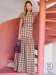 Nöista Plaid Tie Waist Top & Skirt Two Pieces Set - Red - View 7