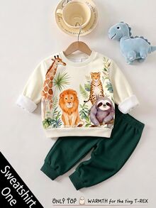 兒童嬰幼兒圓領休閒套頭運動衫，經典可愛手繪卡通動物印花，長頸鹿、獅子、豹、猴子圖案印花 - 彩色 - 查看 2