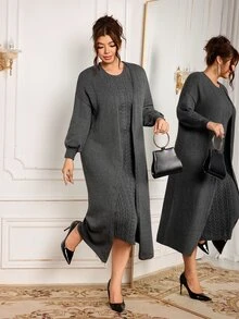 Modelyn Plus Size Women Solid Color Dropped Shoulder Long Sleeve Long Knit Cardigan And Cable Knit Sleeveless Knit Dress Elegant Set - Dark Grey - View 6