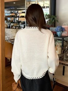 DAZY White Round Neck Black Heart Pattern Embroidered Loose Long Sleeve Casual Sweet Versatile Knit Sweater - White - View 2