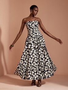 JIAN LASALA Knit Floral Print Sleeveless Tube Top Double Ruffle Layers Ruched Long Dress Elegant Vacation - Multicolor - View 4