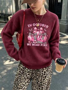 SHEIN ICON 女款休閒秋季乳癌防治主題上衣，粉色南瓜圖案圓領長袖運動衫 - 酒紅色 - 查看 1