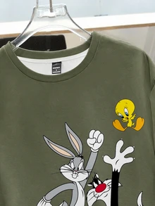 LOONEY TUNES X SHEIN Daypath Men's Plus Size Letter Cartoon Print Crew Neck Short Sleeve Casual T-Shirt - Olive Green - View 4