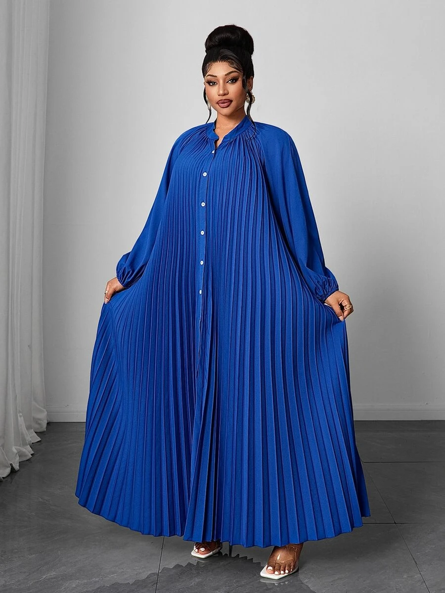 Maweii Plus Size Women's High-Quality Pleated Long Dress, Loose Fit Flattering All Body Types, Suitable For Commuting And Parties Fall - Royal Blue - View 1
