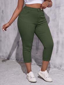 SHEIN Tall CURVE بنطلون جينز كاجوال متعدد الاستخدامات بلون موحد بقصة ضيقة للمقاسات الكبيرة - أخضر عسكري - مشاهدة 6