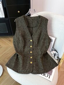 GlowEve CURVE Plus Size Women's Luxury Elegant Button Vest Jacket - Brown - View 1