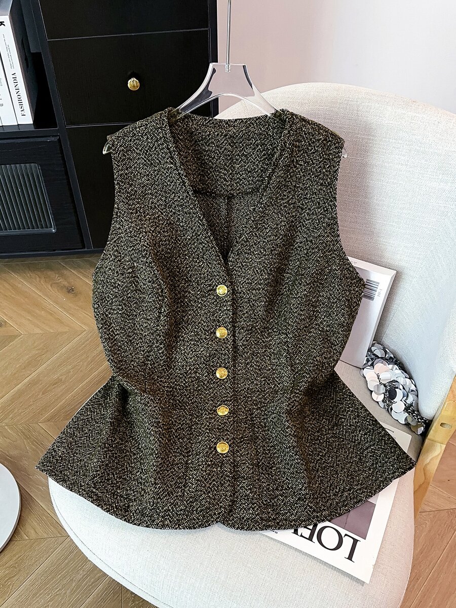 GlowEve CURVE Plus Size Women's Luxury Elegant Button Vest Jacket - Brown - View 1