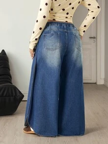 Flexra Plus Size Women Casual Denim High Slit Wide Leg Pants - Blue - View 2