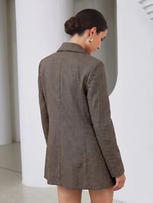 Aveloria Modichic 女款寬肩修身長版紋理西裝外套，雙排扣金色鈕扣，優雅商務老錢風，棕色千鳥格秋季女裝 - 彩色 - 查看 3