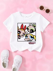 THE POWERPUFF GIRLS X SHEIN Young Girl Letter Cartoon Print Casual Daily Short Sleeve T-Shirt - White - View 1