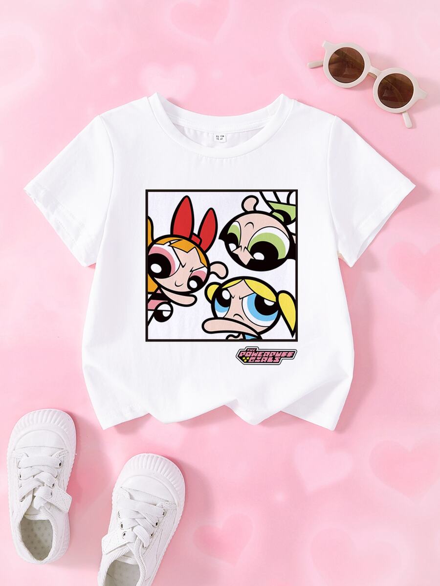THE POWERPUFF GIRLS X SHEIN Young Girl Letter Cartoon Print Casual Daily Short Sleeve T-Shirt - White - View 1