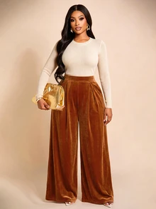 Brilight Wide Leg Pants Front Pleated Split Flowy Palazzo Trousers For Autumn Commute Dinner Party Streetwear - Gold - View 4