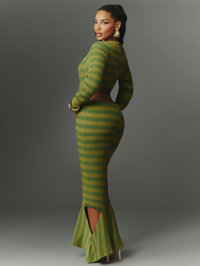 NYA SZN Knit Dress Maxi Striped Long Sleeve Cutout Color Block Sexy Going Out Special Occasion Date Night Brunch Holiday Festival Elegant Green Fall Winter