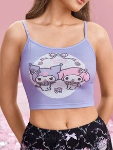 HELLO KITTY AND FRIENDS | SHEIN Women's Cartoon Print Camisole Top And Long Pants Pajama Set - Purple - View 6