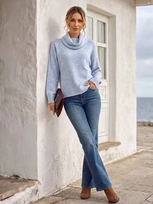 Faunlyn Cowl Neck Drop Shoulder Pullover Sweater, Soft Knit Relaxed Fit Long Sleeve Jumper For Fall Winter - Blue - View 6