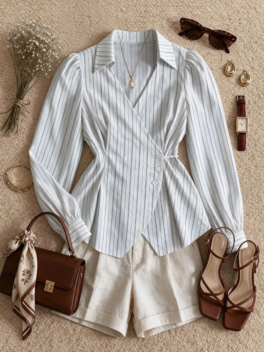Grovea Plus Size French Style Polo Collar Striped Long Sleeve Cinched Cinched Waist Fashion Versatile Premium Blouse - White - View 1