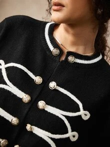 Nubod Fashion Retro Gold Button Black & White Contrast Knit Cardigan Plus Size Winter - Black - View 8