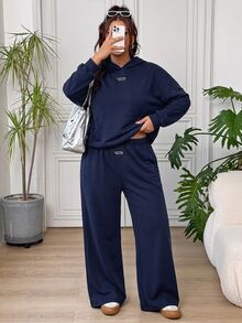 Solflare Two Pieces Autumn And Winter Plus Size Casual Long-Sleeve Hooded Shirt And Pants - Royal Blue - View 4