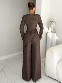 Siren Gaze Women's Solid Color Asymmetrical Pleated Shirt And Pants Set, 2 Pieces Outfit - Coffee Brown - View 2