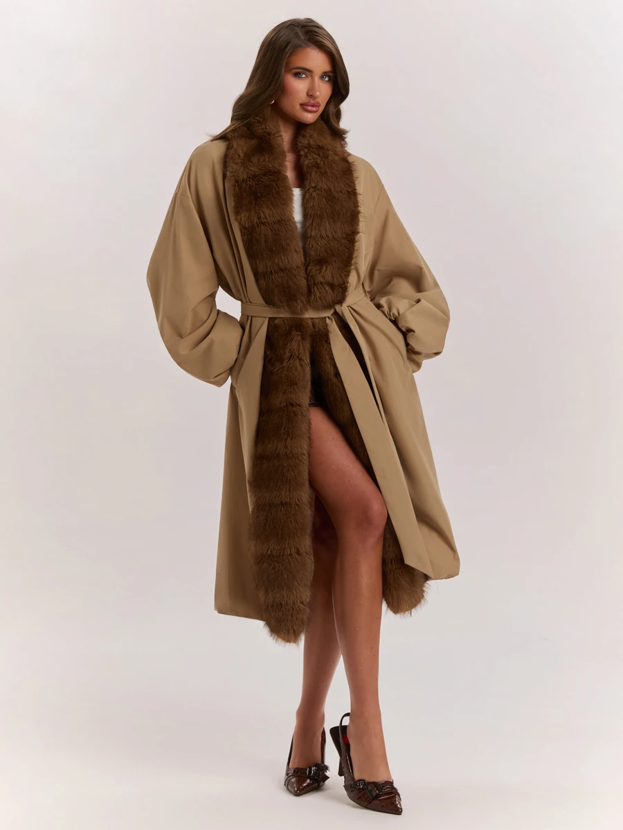 SHEIN BAE Women's Vintage Long Sleeve Faux Fur Patchwork Padded Coat - Beige - View 1