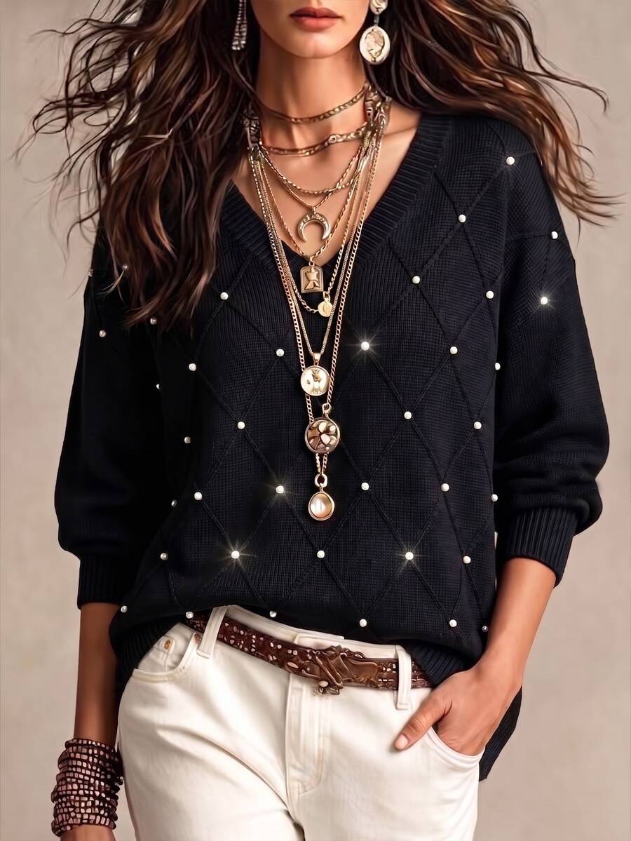 SHEIN LUNE CURVE Plus Size Streetwear V-Neck Beaded Decor Pullover Sweater - Black - View 1