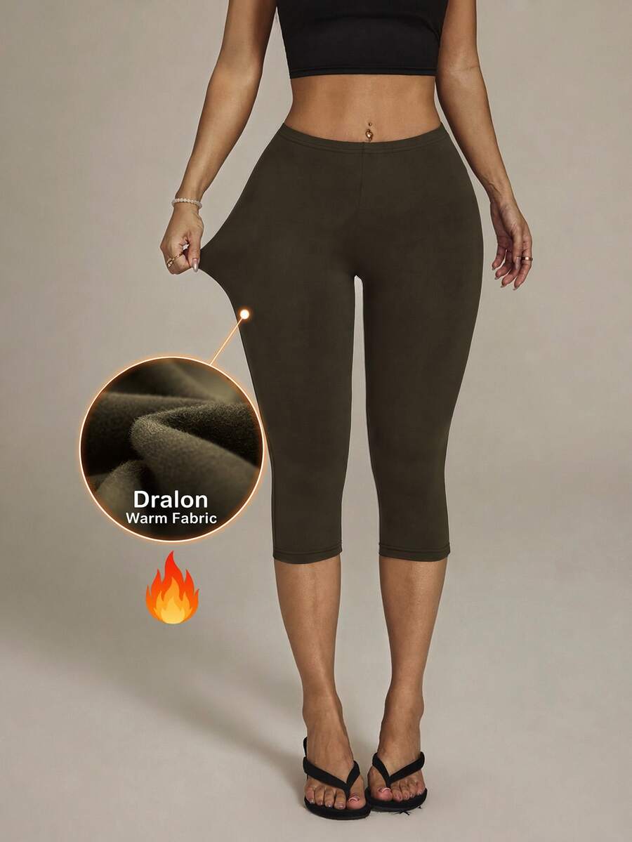SHEIN PETITE Women's Solid Color Casual Daily Wear Tight Leggings - Brown - View 1