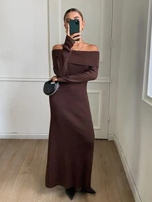 DAZY Women's Solid Color Off-Shoulder Casual Daily Knit Dress - Brown - View 3