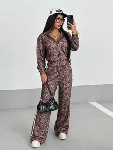 StreetHx Women's Autumn/Winter Leopard Print Fashion Loose Hooded Sweatshirt Jacket - Brown - View 5