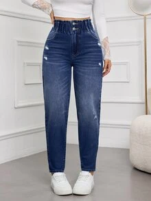 SHEIN Tall 女款時尚鈕扣口袋磨損牛仔褲 - 深色水洗藍 - 查看 4