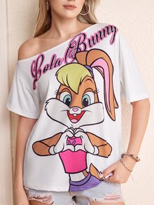 LOONEY TUNES X SHEIN 女款不對稱肩卡通印花T恤 - 白色 - 查看 6