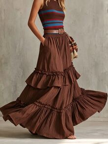 Glimmora Women's Spring/Autumn New Bohemian Style Solid Color Layered Ruffle Romantic Vacation Elastic Waist Loose A-Line Skirt - Brown - View 3
