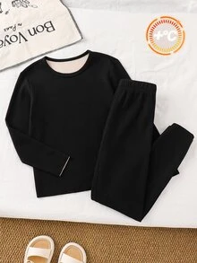 SHEIN 兒童青少年男孩休閒刷毛加厚長袖T恤與內褲套裝，適合秋冬，適用於學校、居家、家庭聚會、度假、派對，秋季穿搭，冬季穿搭 - 彩色 - 查看 4