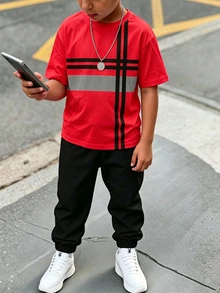 青少年男孩休閒簡約短袖圓領T恤與長褲套裝，適合夏季，卡通圖案 - 彩色 - 查看 4