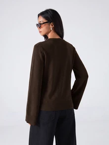 LYSMO Women's Vintage Single-Breasted Long Sleeve Pocket Knit Top - Brown - View 2