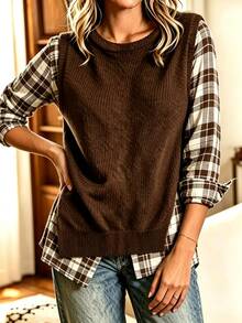 Holdful Holdful Women's Patchwork Plaid Long Sleeve Round Neck Casual Shirt - Multicolor - View 7