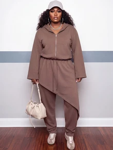 Slaydiva Autumn/Winter Brown Hooded Cardigan & Asymmetrical Hem Jogger Pants 2 Pieces Set Plus Size Fall - Brown - View 7
