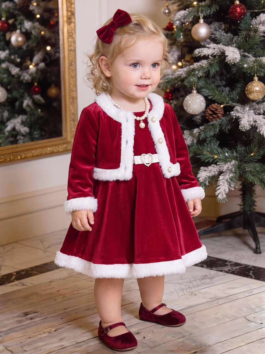 SHEIN Baby Girl Knit Patchwork Contrast Color Faux Fur Trim Round Neck Sleeveless Casual Dress With Cardigan 2pcs Set Autumn - Red and White - View 1