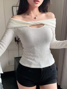 DAZY 女款方領修身性感都市休閒優雅T恤 - 白色 - 查看 4