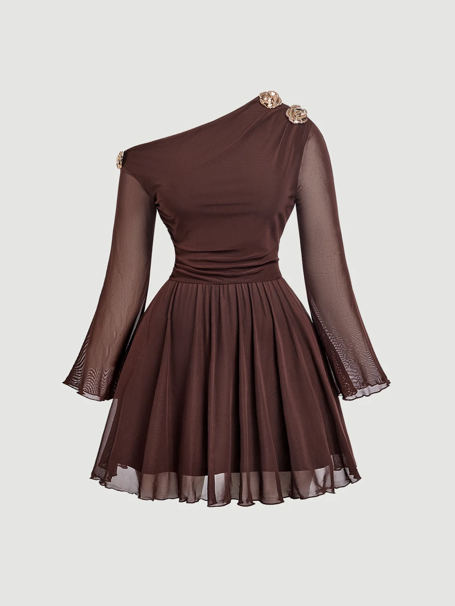 SHEIN MOD Plus Size Autumn/Winter Brown Asymmetrical Shoulder Mesh Flare Sleeve Short Dress, Vintage Romantic Elegant Outfit - Brown - View 1
