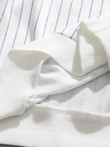 SHEIN 小男孩 Polo 領直條紋字母印花長袖套頭運動衫，棒球風學院風白色藍色上衣，適合春夏秋季 - 藍色 - 查看 5
