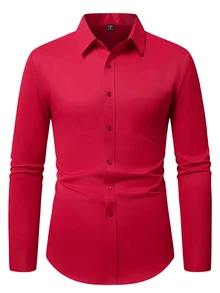 Manfinity Mode Men's Casual Versatile Solid Color Long Sleeve Shirt - Red - View 3
