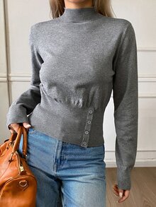 DAZY Women's Solid Color Fitted Waist Button Half-High Neck Long Sleeve Casual Holiday Korean Street Style Autumn/Winter Knit Sweater - Grey - View 4
