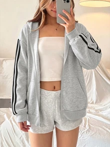 SHEIN Girlism 青少年女孩深灰色開襟連帽寬鬆休閒秋季運動衫，簡約休閒運動風 - 灰色 - 查看 6
