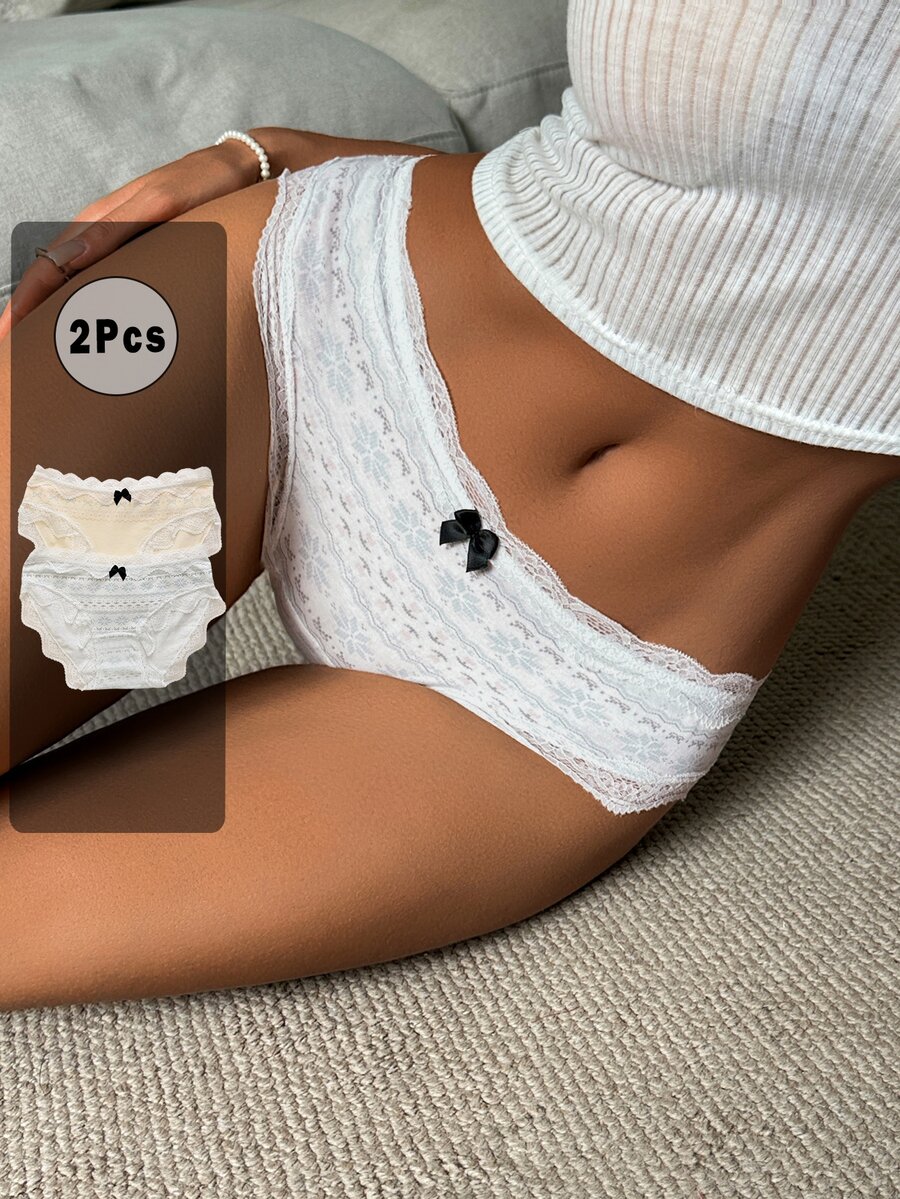 DAZY 2pcs/Pack Lace Patchwork Bow Print Short Women's Triangle Panties - Multicolor - View 1