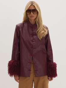 MUSEYN Burgundy PU Fur Cuff Knot Tie Detail Jacket Versatile Everyday Casual Fall - Burgundy - View 1