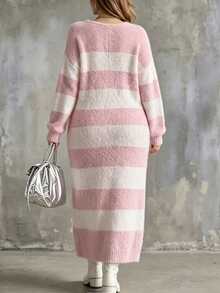 Linhara CURVE Plus Size Slouchy Pink & White Striped Mink Fur Dress - Pink - View 2